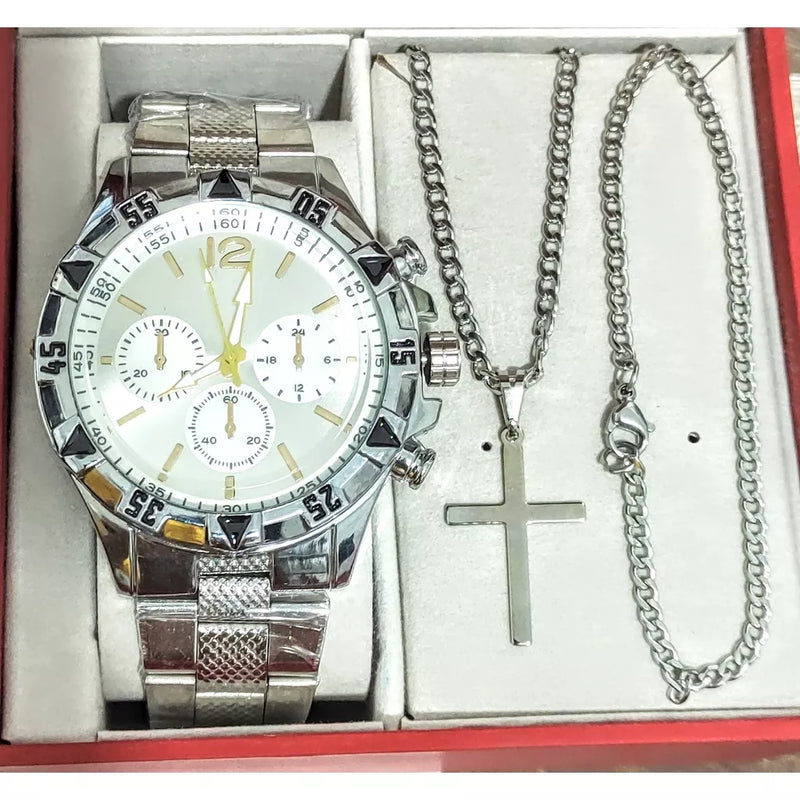 Conjunto relógio masculino + corrente cruz e pulseira dourado