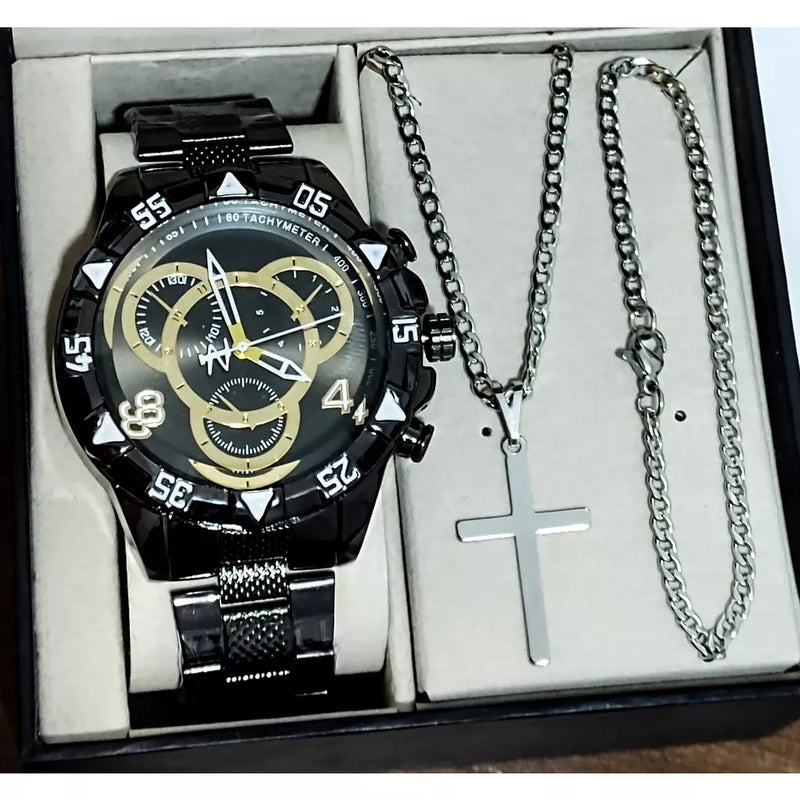 Conjunto relógio masculino + corrente cruz e pulseira dourado