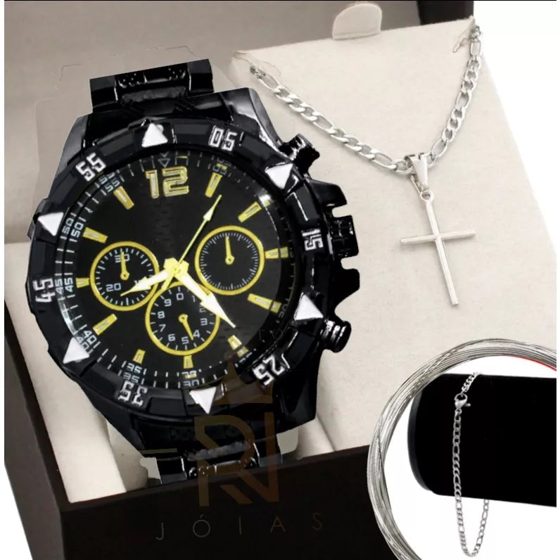 Conjunto relógio masculino + corrente cruz e pulseira dourado